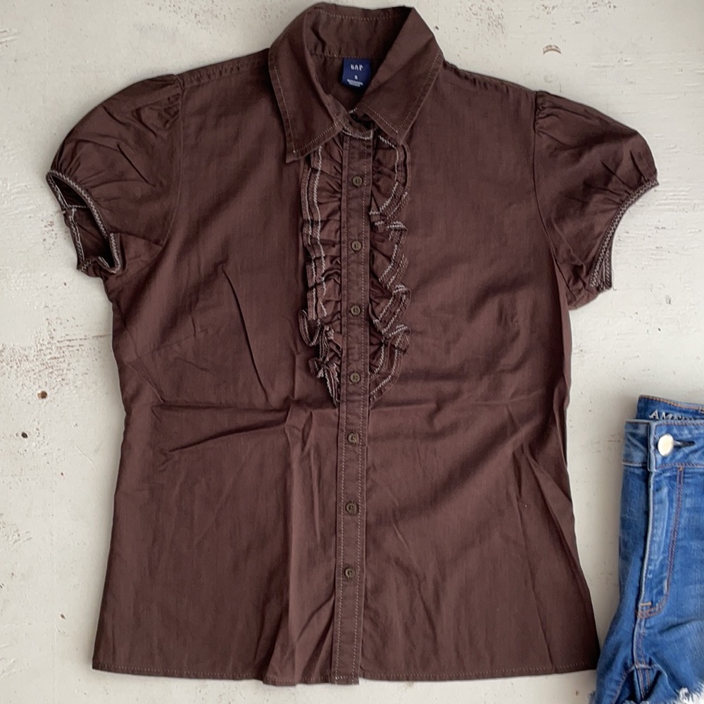 [ Gap Dark Brown Ruffled Front Button Down ] Small - image 2